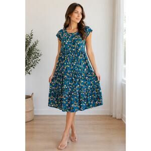 Natural Life Berkley Riviera Batik Blue Floral Cotton Flowy Tiered Maxi Dress